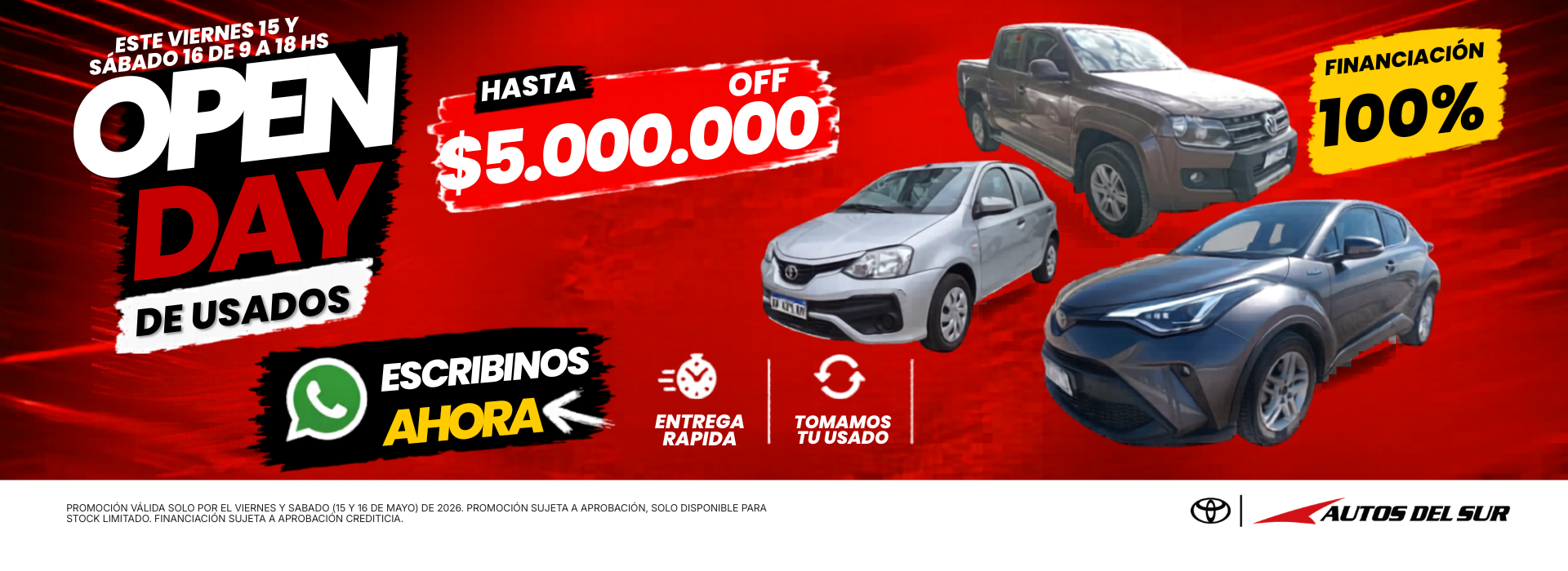 ¡Te esperamos en nuestro Open Day de Usados! Vení a Autos del Sur y llevate tu próximo auto con beneficios exclusivos